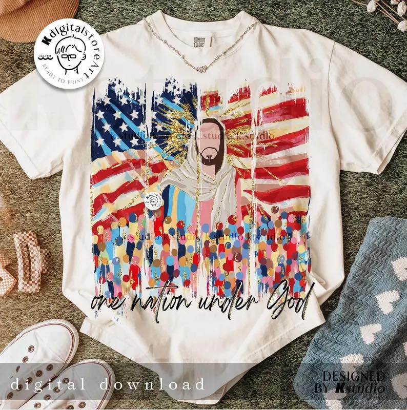 One Nation Under God Watercolor Gildan Tee