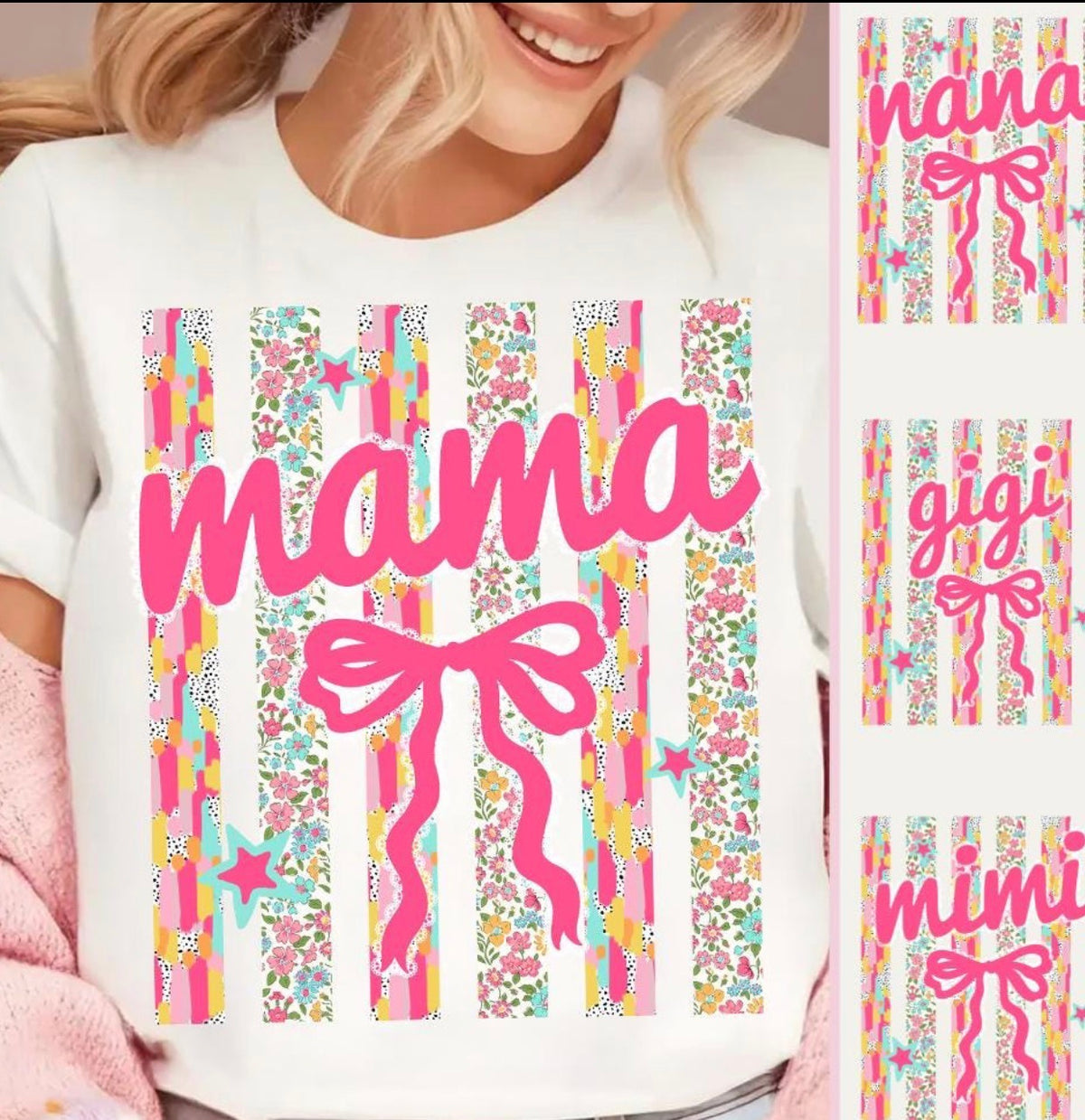 Floral Striped Name Bow     CC Tee