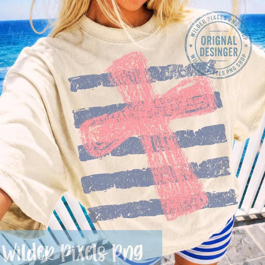 Pink Blue Striped Cross Gildan Tee
