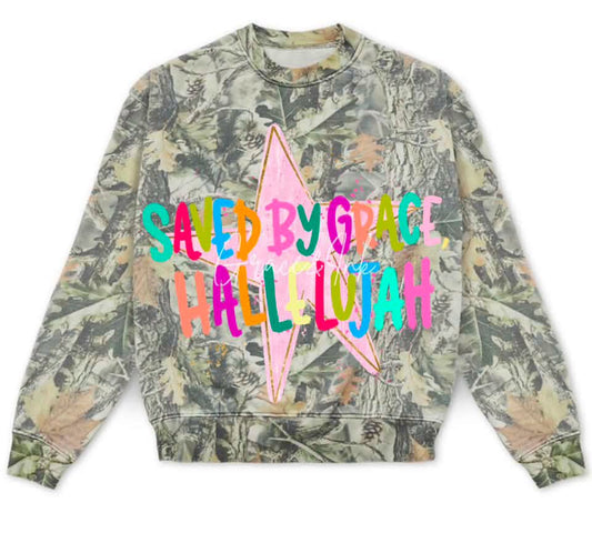 Saved By Grace Oversized Camo Sweatshirt