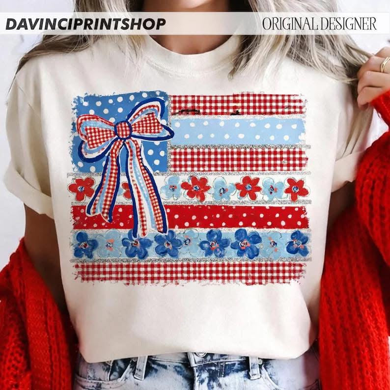 Gingham Floral Patriotic Flag Gildan Tee