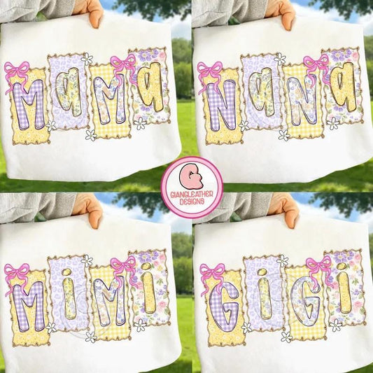 Yellow Purple Lace Patchwork Names Gildan Tee
