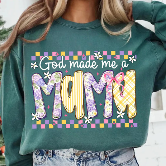 So God Made Me  A Mama Purple Yellow Lace CC Tee